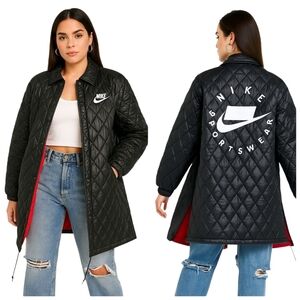 Nike Sportswear BV2947-010 Black Quilted Longline Coat Jacket Women Small  F242
